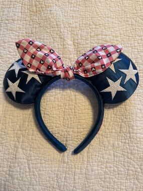 Disney Patriotic Navy Blue Minnie Ears with Red Check Bow